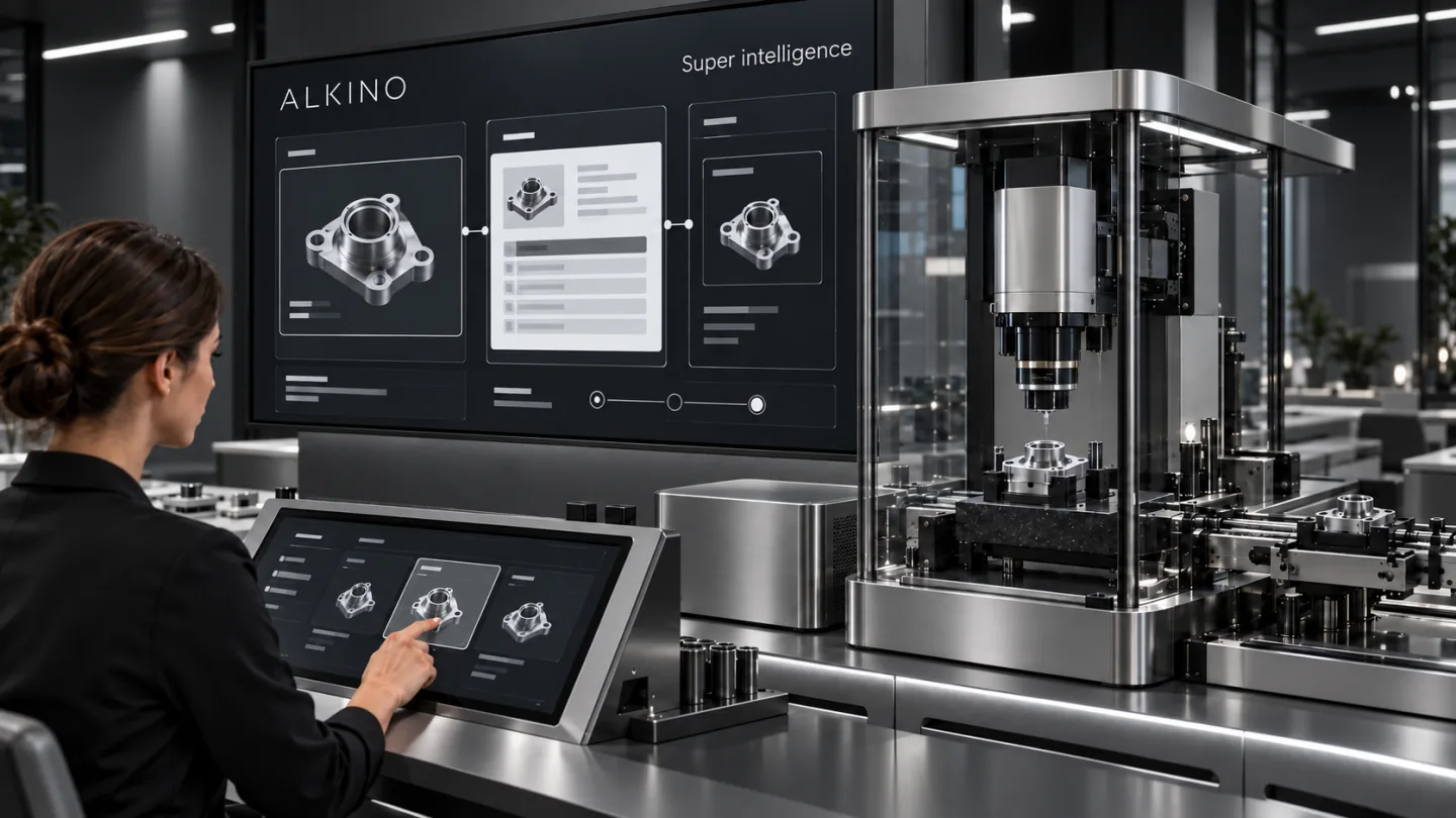 Automated operations vision: precision measurement equipment and sample carriers sit beside linked digital results, electronic work records and a review item touched by a professional.