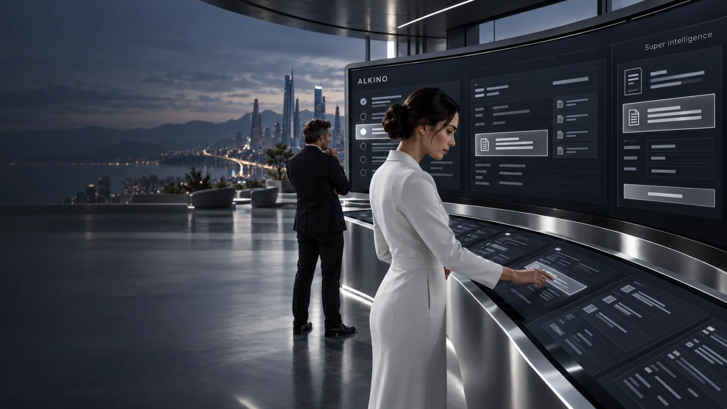 Enterprise intelligence vision: people across roles advance shared work using embedded digital work surfaces and a large display.